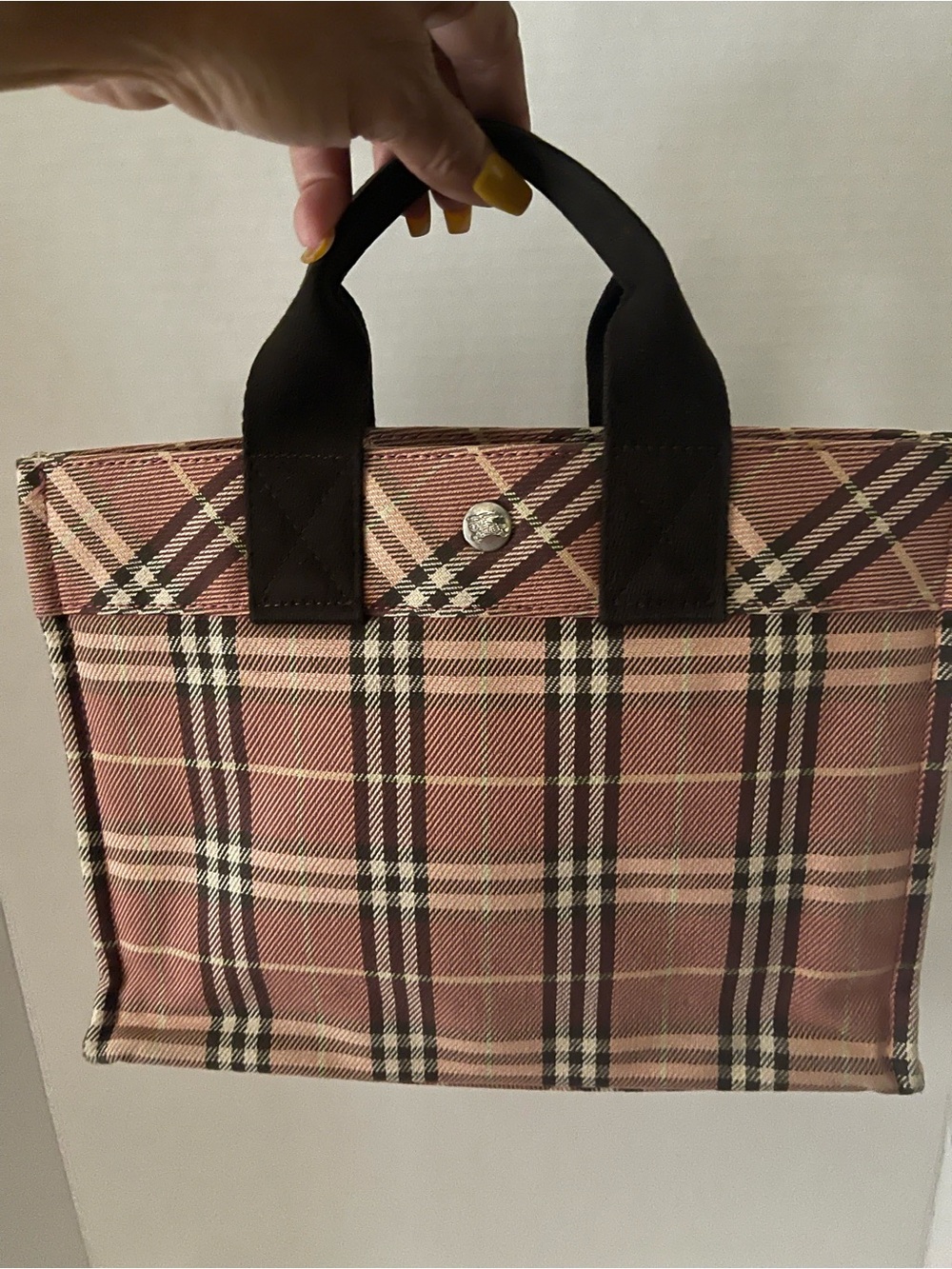 Plaid Pink Canvas Tote Bag with Black Handles